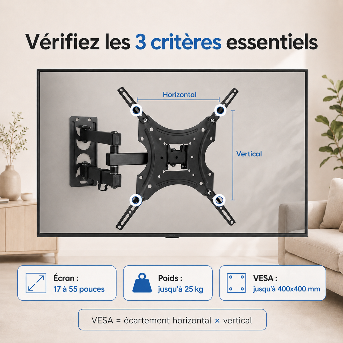 Support mural TV articulé 17–55″ – 25 kg max – Pivot 55