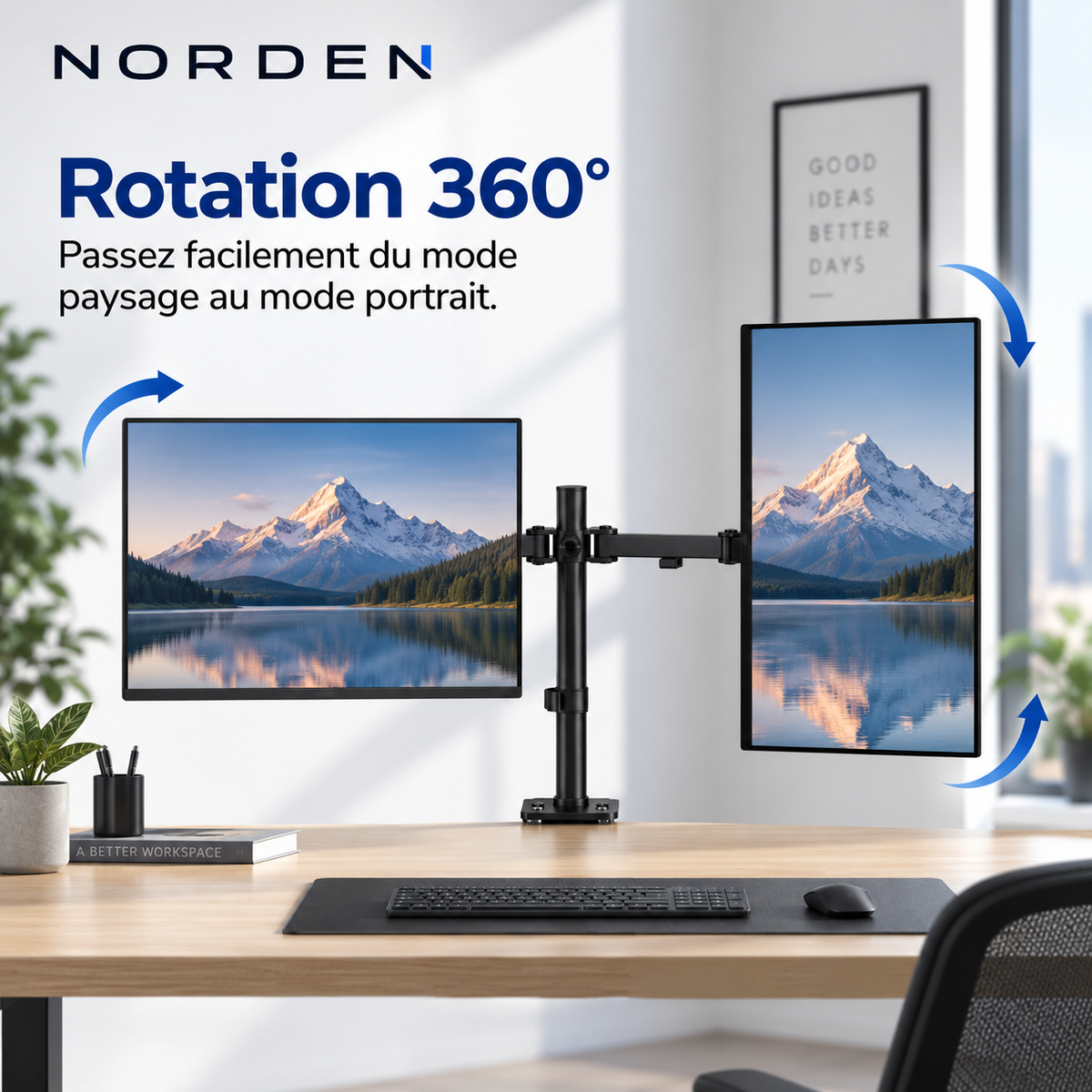 Support double écran PC articulé 15–32″ – 16 kg max / bras – Norden DuoFlex