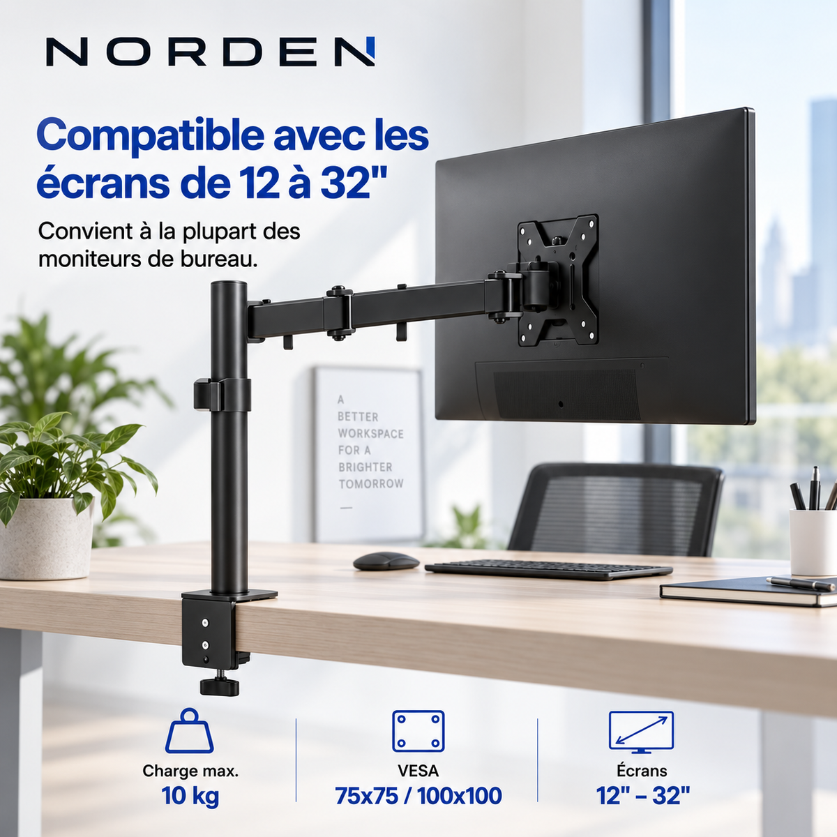 Support écran PC réglable 12–32″ – VESA 75x75 / 100x100 – Norden MonoLift