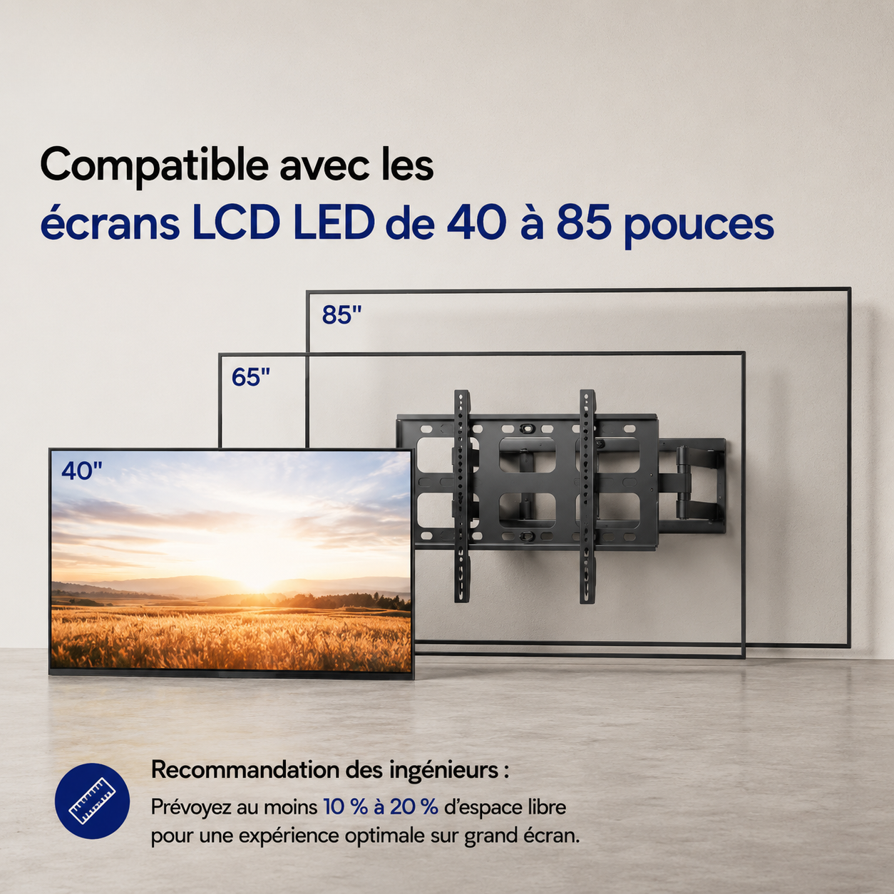 Support mural TV articulé 40–85" – 100 kg max – Motion Pro