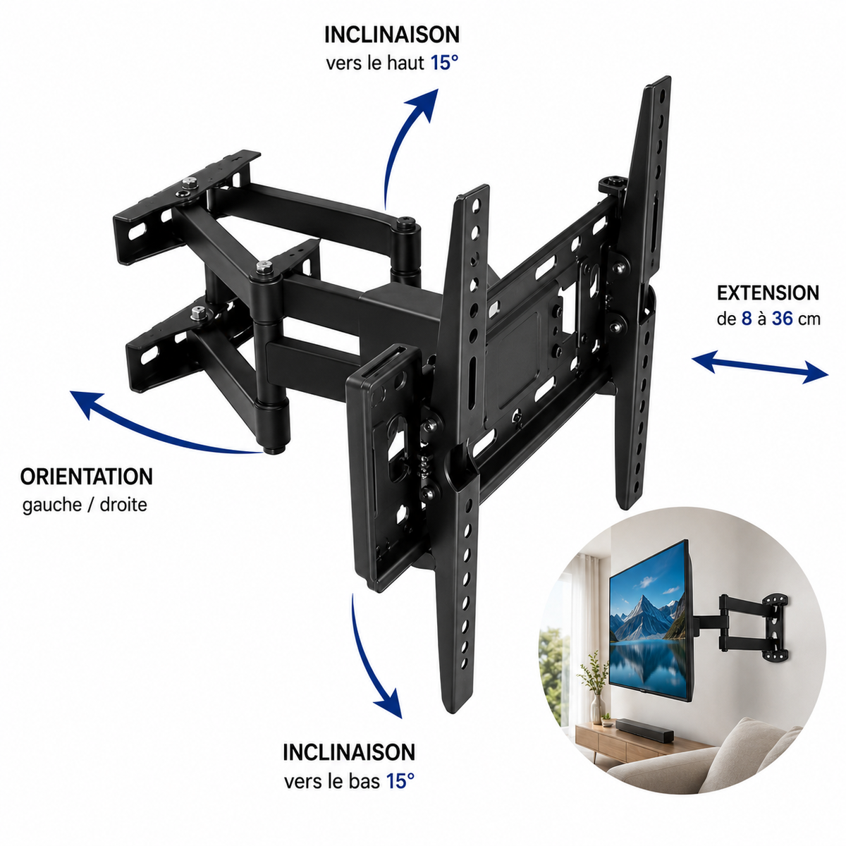 Réglages du support mural TV orientable Flex 65 : orientation, inclinaison et extension