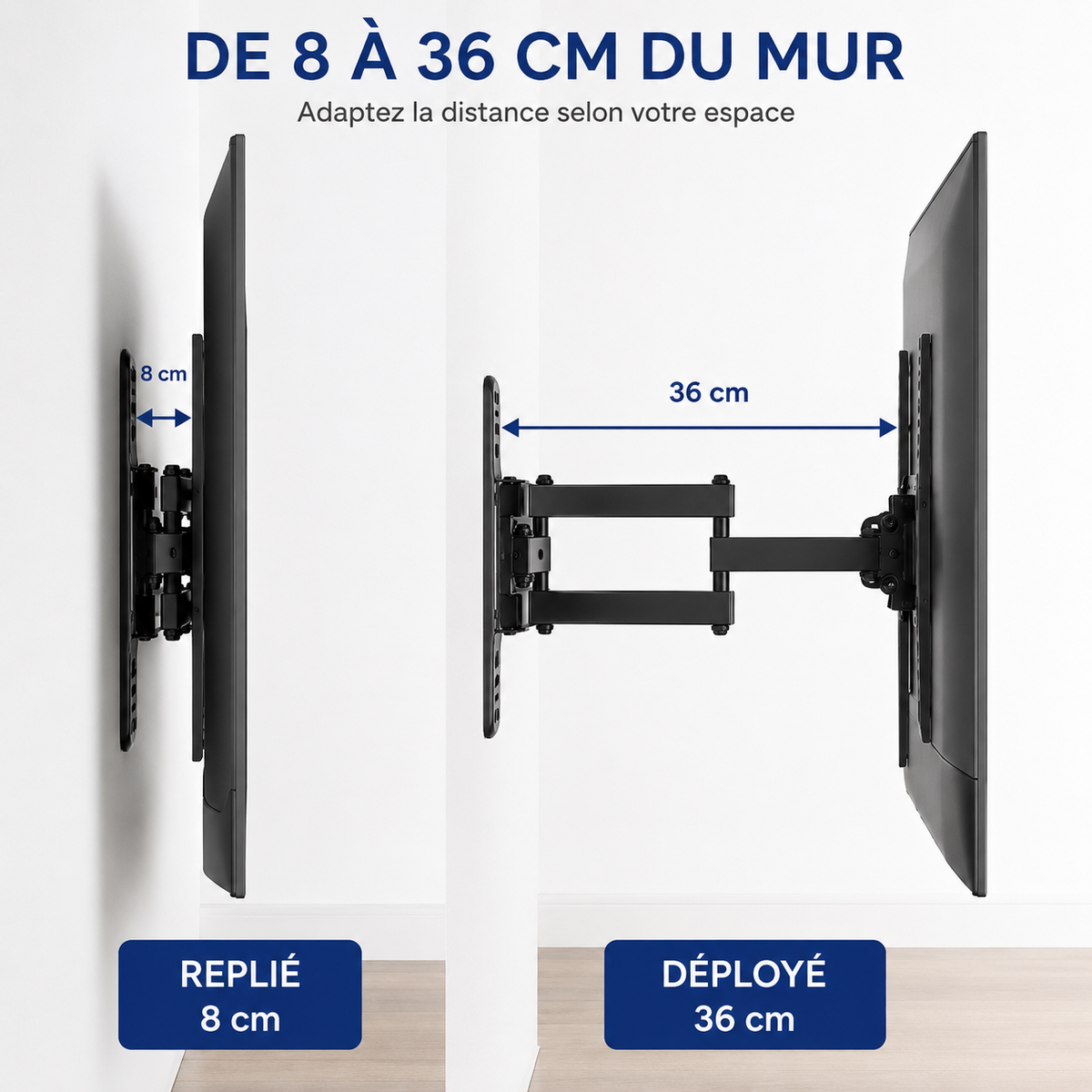 Distance au mur réglable du support mural TV orientable Flex 65 : de 8 à 36 cm