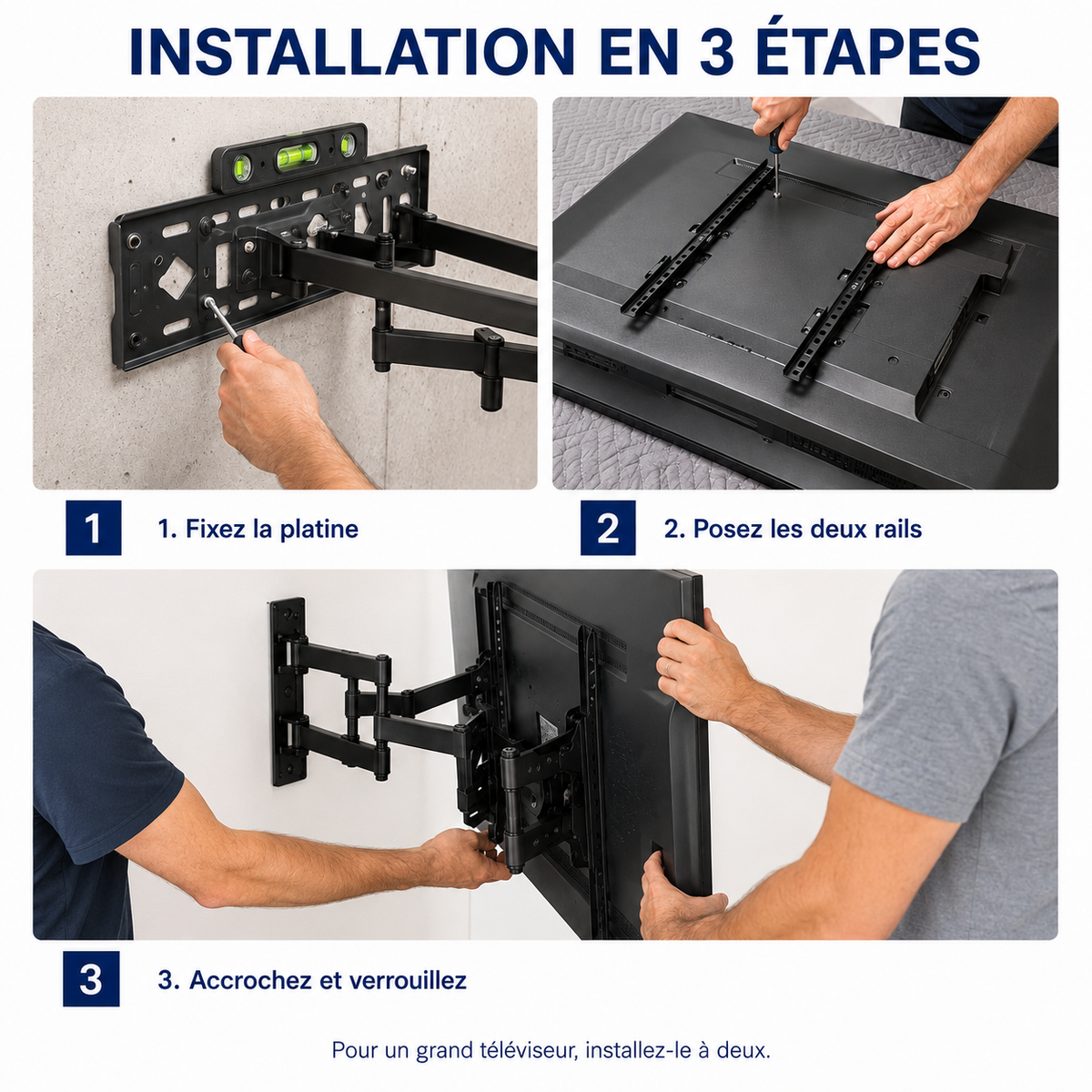 Illustration des principales étapes de montage du support mural TV Flex 65