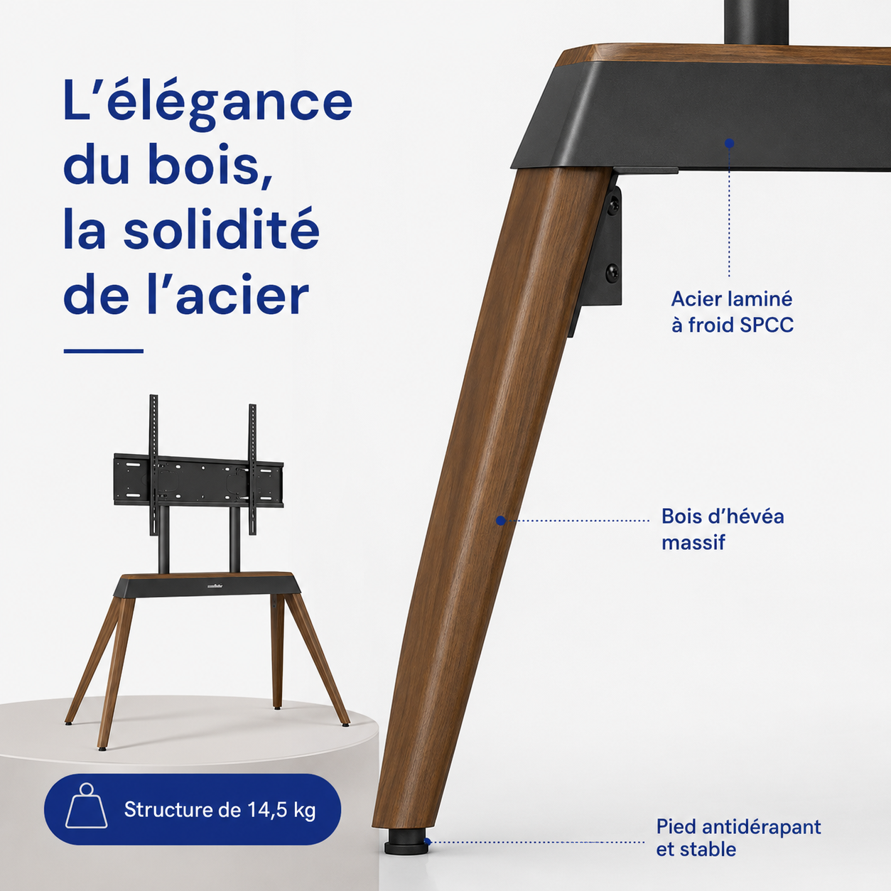 Détails bois massif et acier du support Frame XL