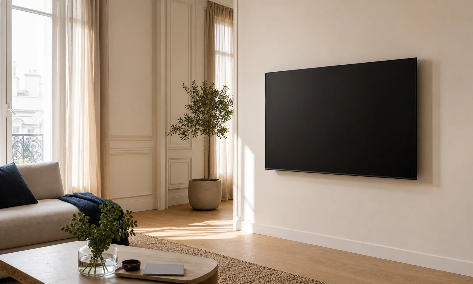 Salon lumineux avec télévision fixée au mur dans un intérieur épuré
