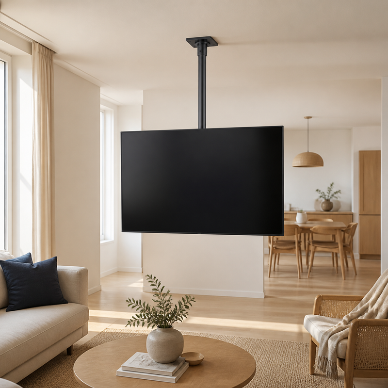 Téléviseur suspendu au plafond dans un intérieur contemporain