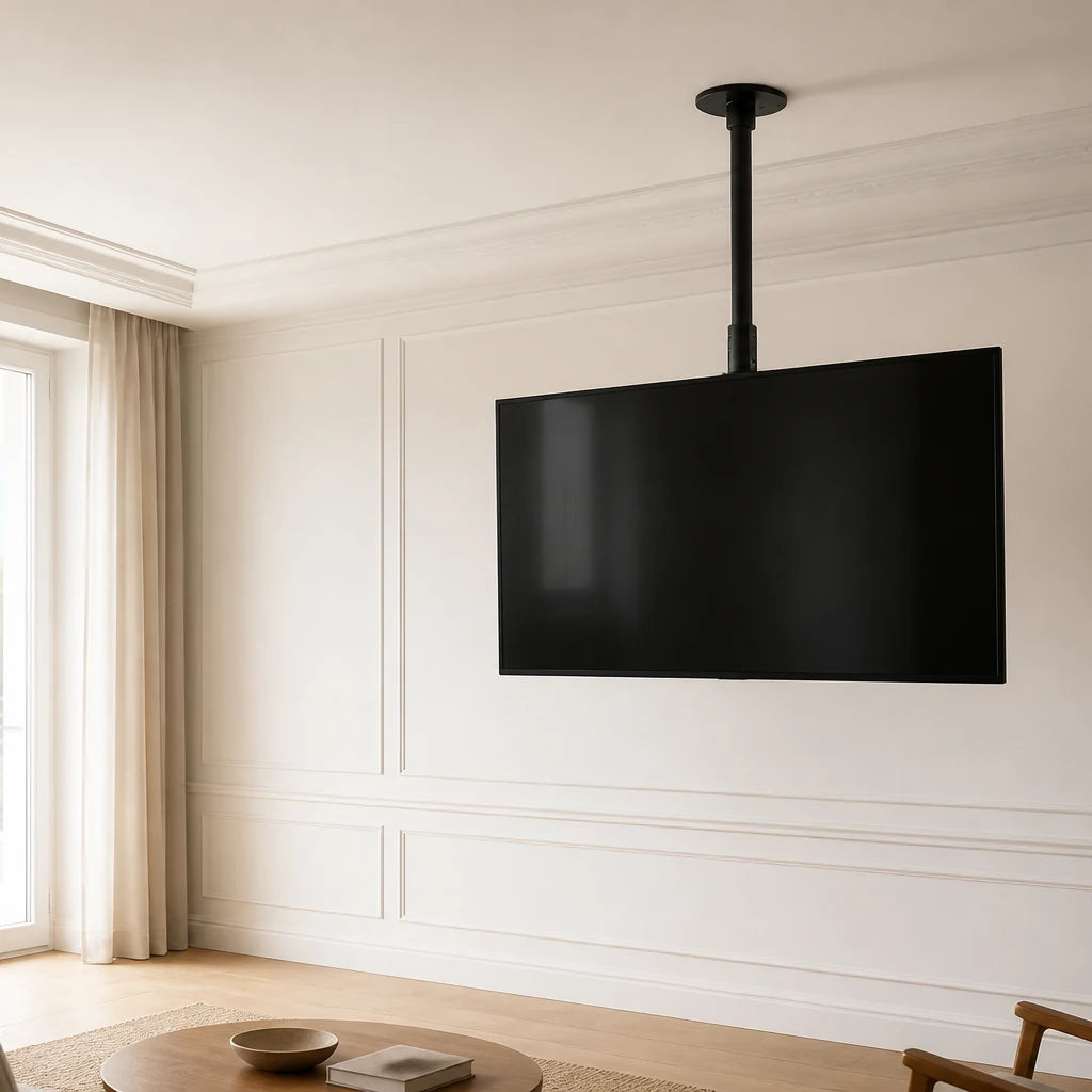 Support TV plafond installé dans un salon contemporain