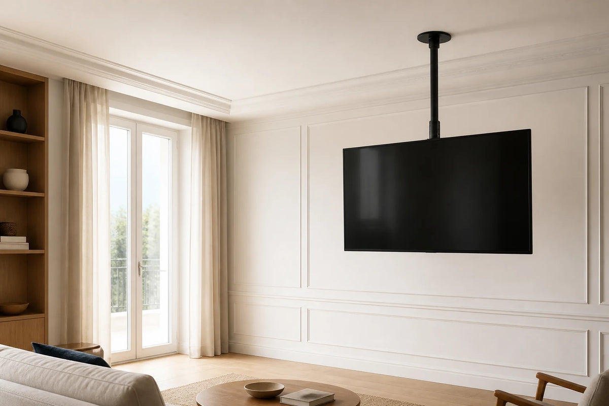 Téléviseur suspendu au plafond dans un salon contemporain