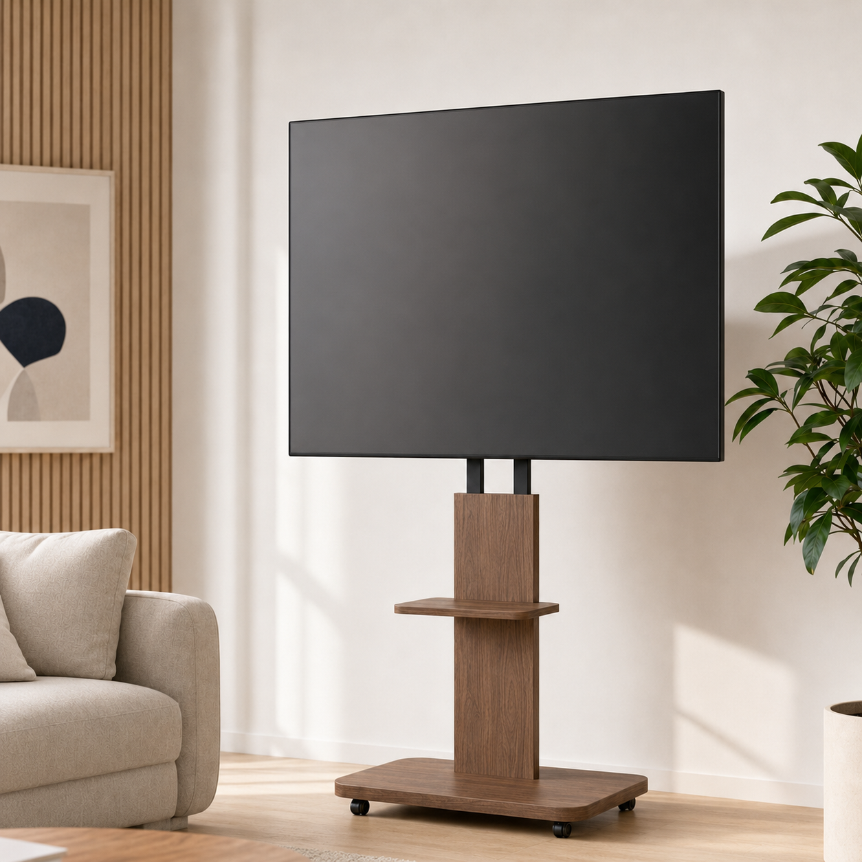 Support TV mobile Move Wood dans un salon