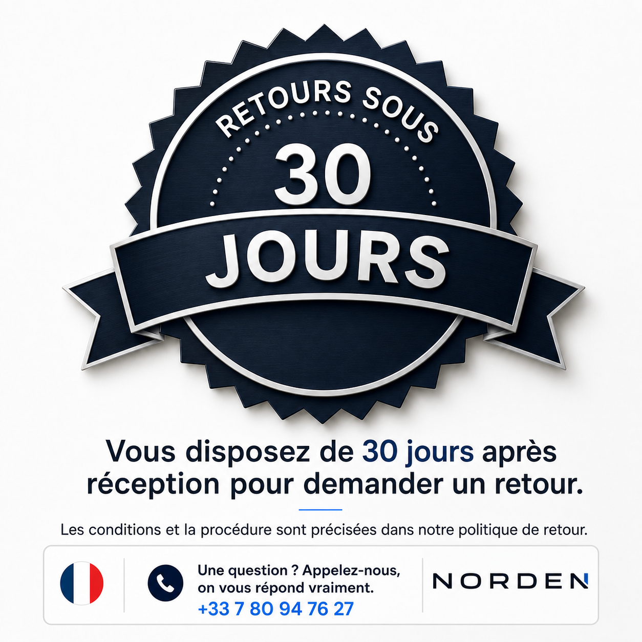 Informations sur les retours sous 30 jours et contact Norden