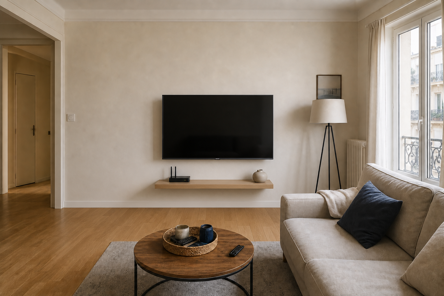 Le même salon épuré après l'installation d'un support TV mural Norden