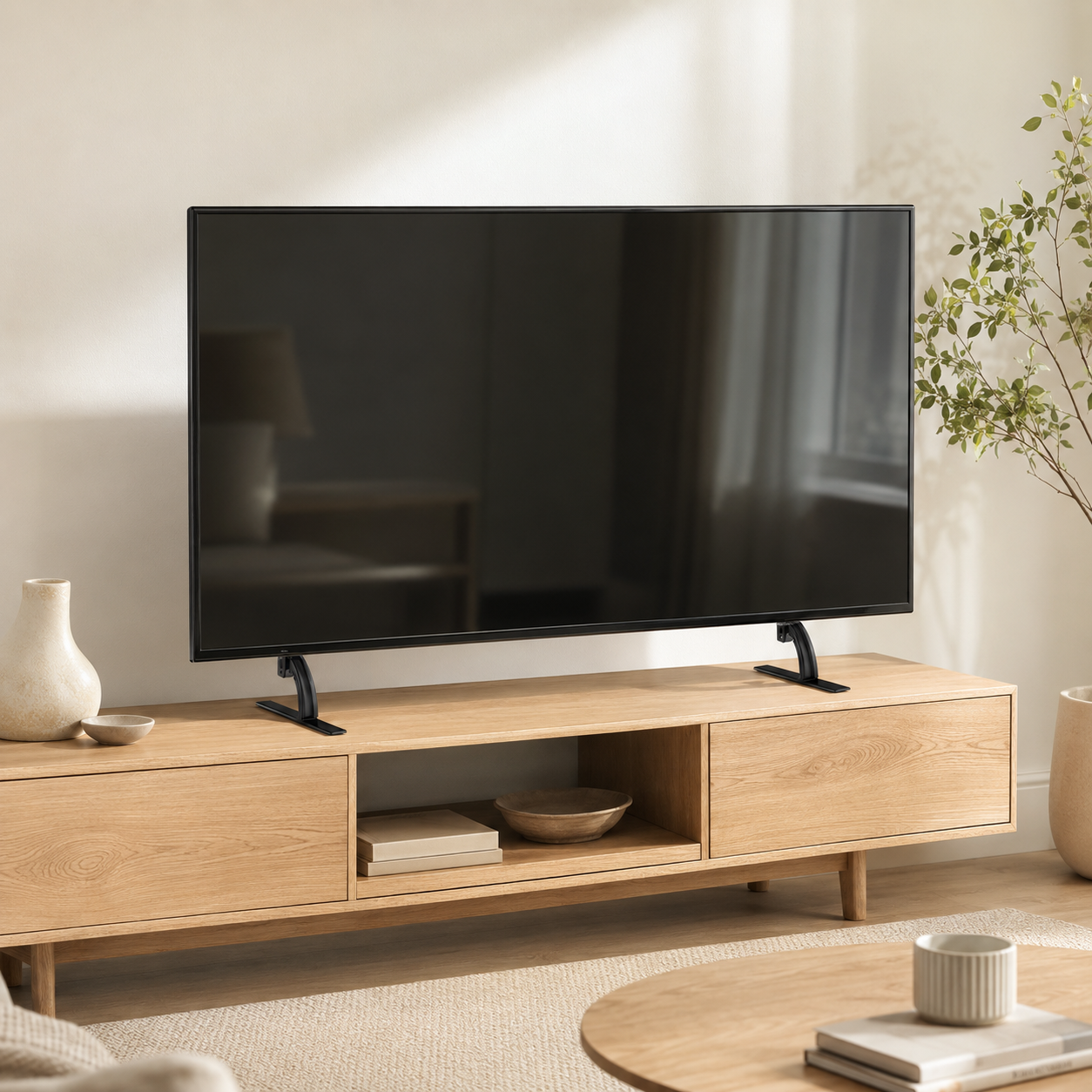 Support TV sur pied de table Stand S installé sur un meuble en bois clair