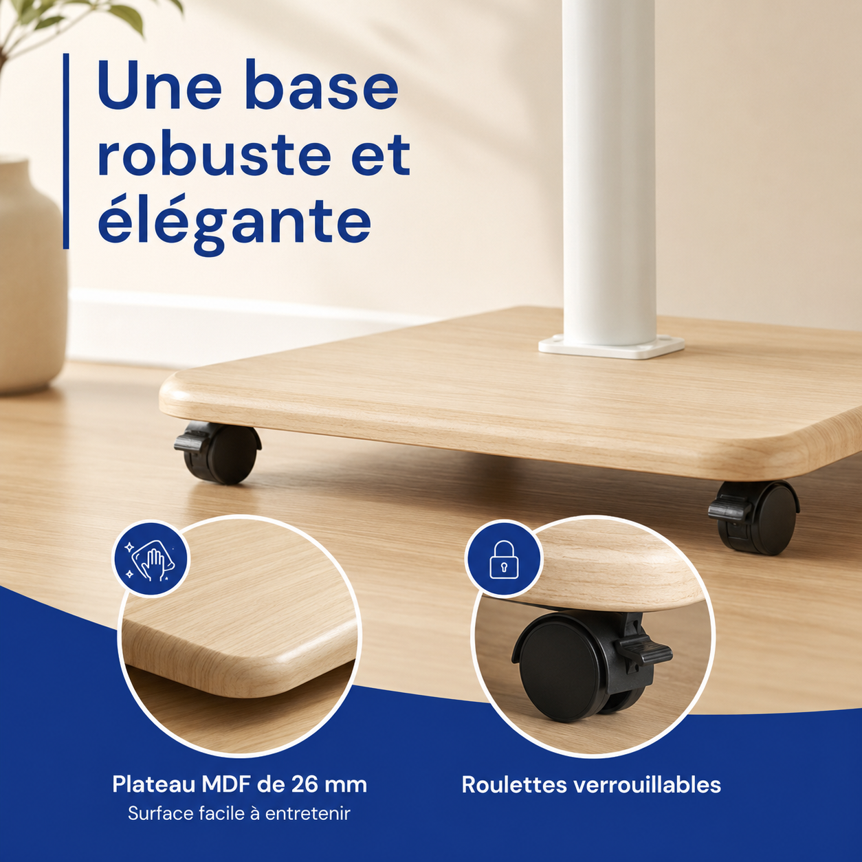 Base en bois et roulettes verrouillables du support TV mobile