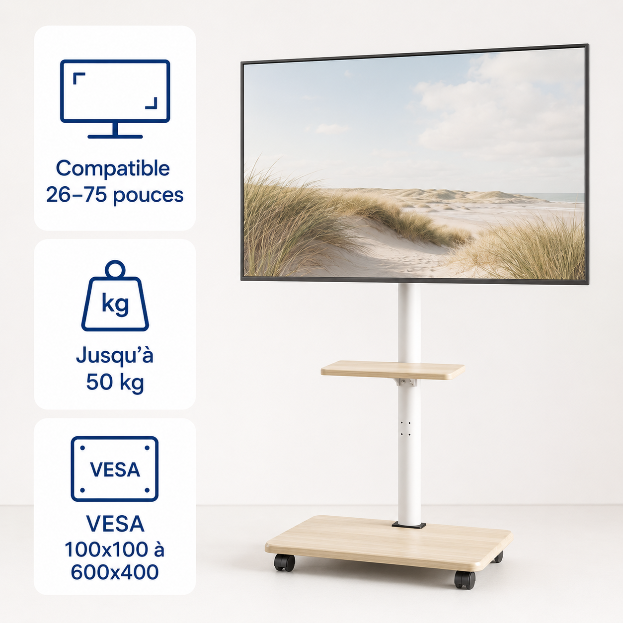 Compatibilité 26 à 75 pouces, charge 50 kg et VESA du support TV mobile