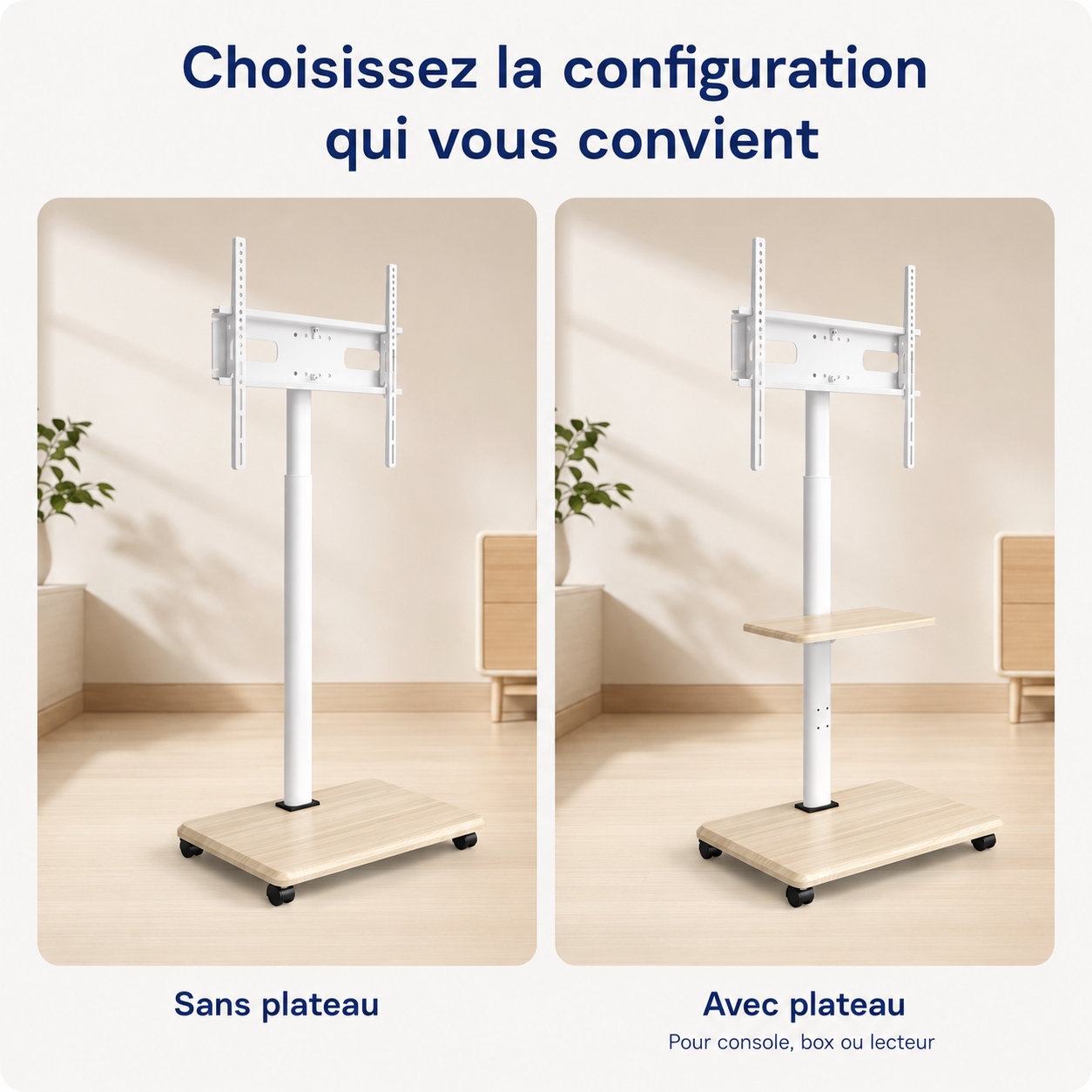 Comparaison du support TV mobile sans plateau et avec plateau