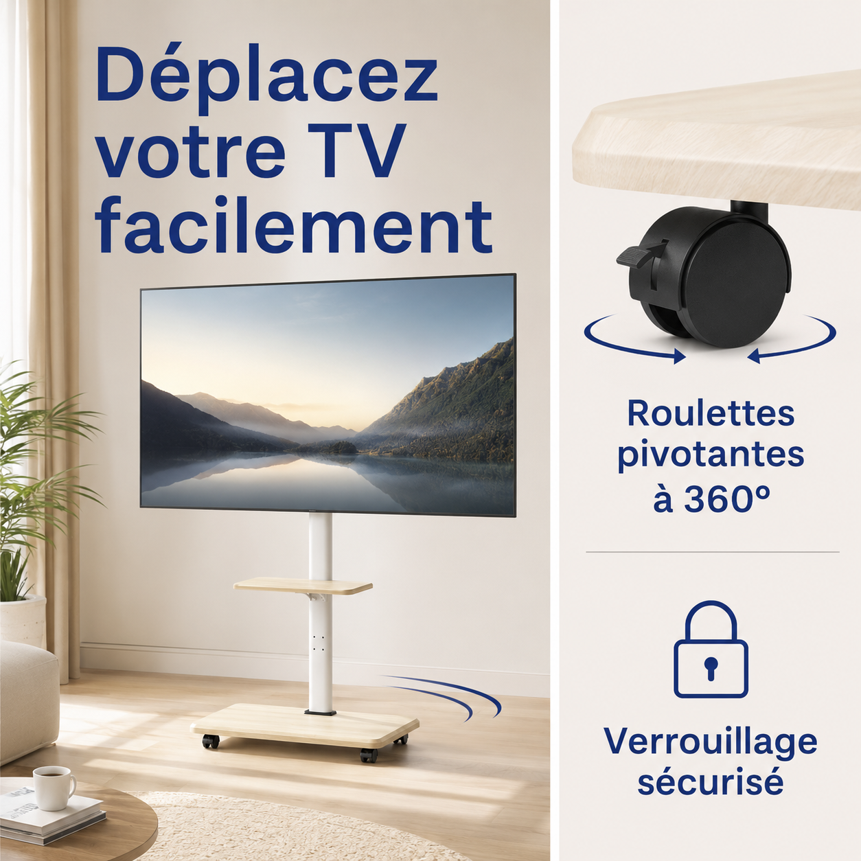 Support TV mobile avec roulettes pivotantes et verrouillage