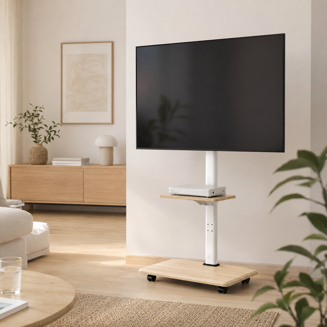 Support TV mobile avec plateau dans un salon lumineux