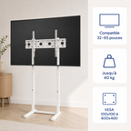 Support TV sur pied blanc 32 à 65 pouces avec compatibilité et charge maximale