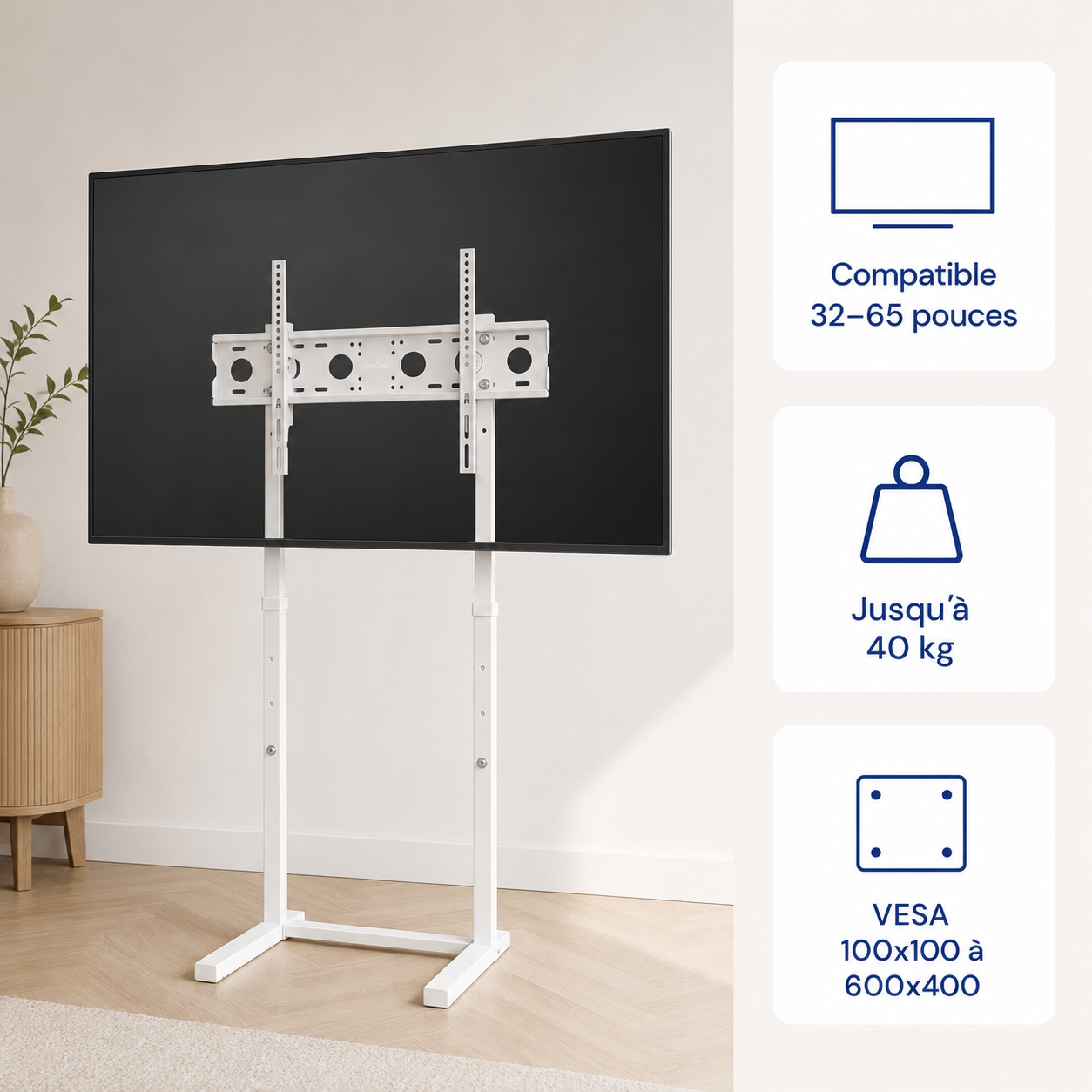 Support TV sur pied blanc 32 à 65 pouces avec compatibilité et charge maximale
