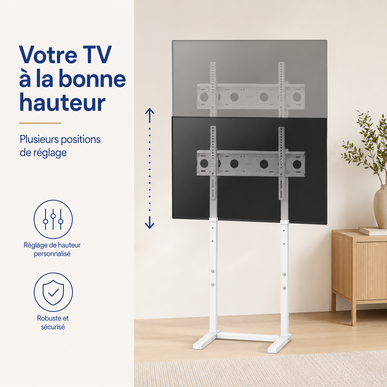 Réglage en hauteur du support TV sur pied blanc
