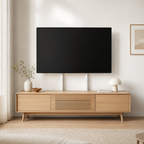 Support TV sur pied blanc installé dans un salon lumineux
