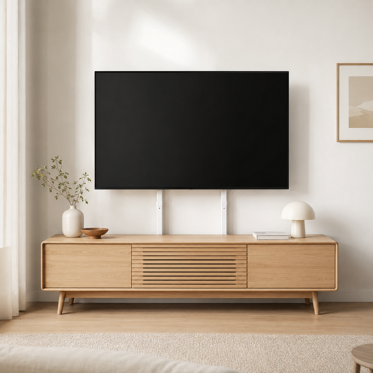 Support TV sur pied blanc installé dans un salon lumineux