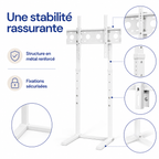 Support TV sur pied blanc avec détails de la structure et des fixations
