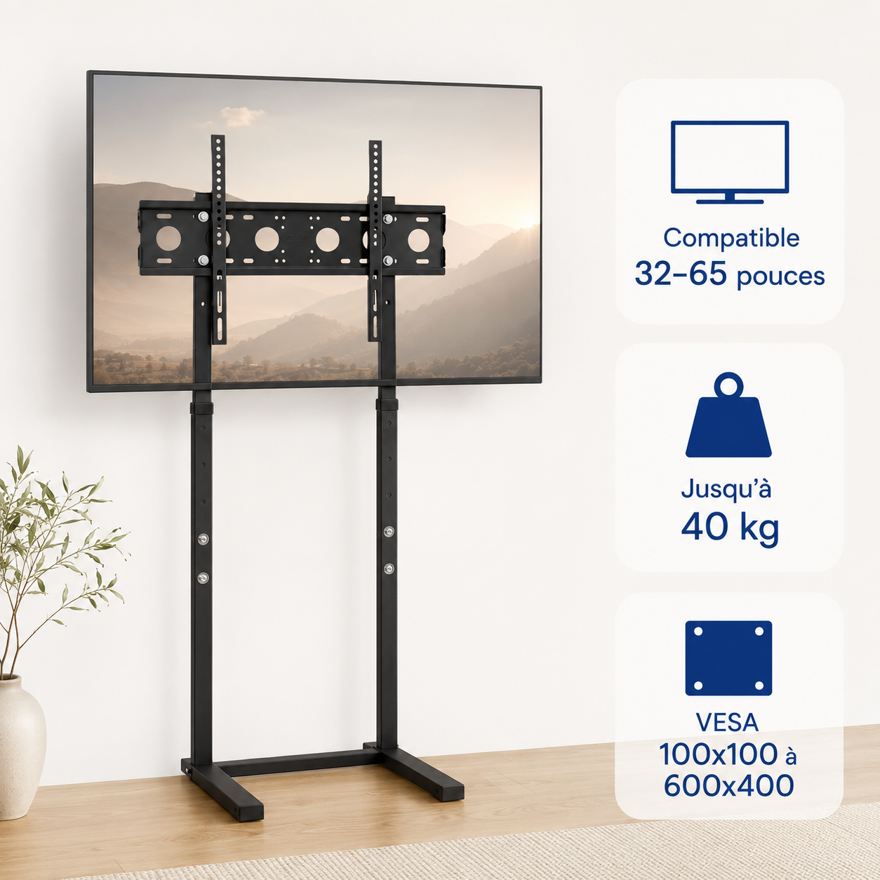 Support TV sur pied noir 32 à 65 pouces avec compatibilité et charge maximale
