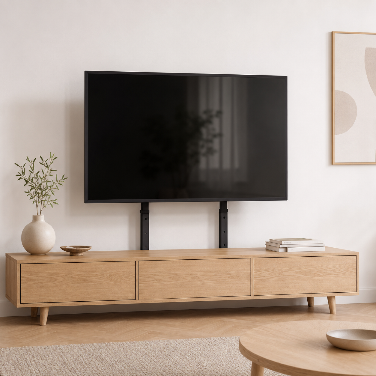 Support TV sur pied noir installé dans un salon scandinave