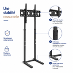 Support TV sur pied noir avec détails de la structure et des fixations
