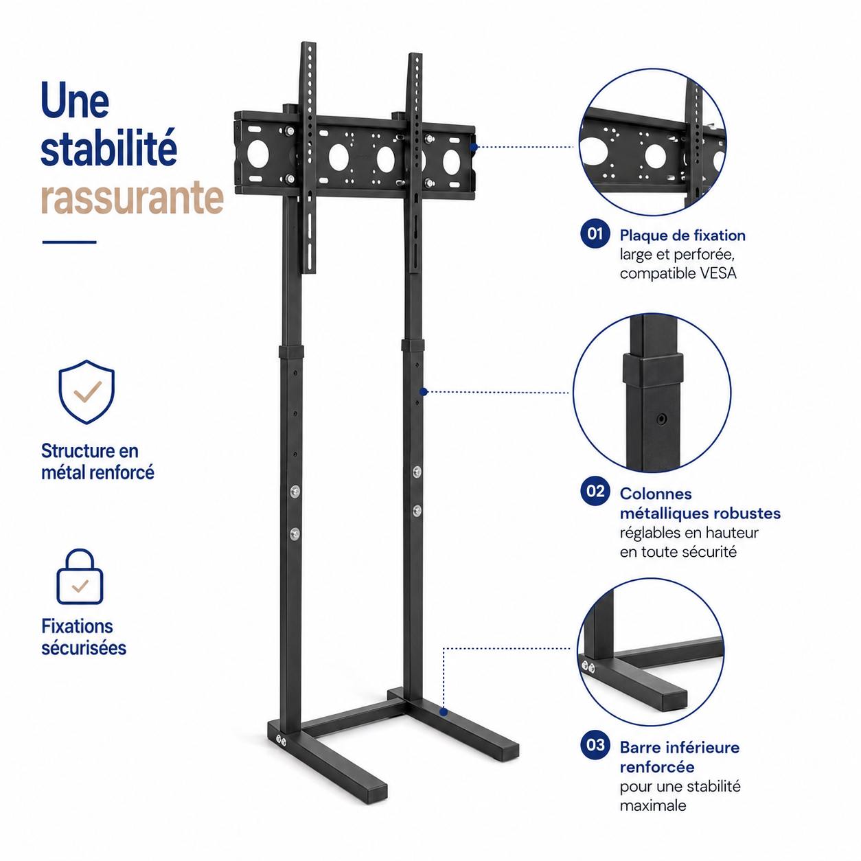 Support TV sur pied noir avec détails de la structure et des fixations