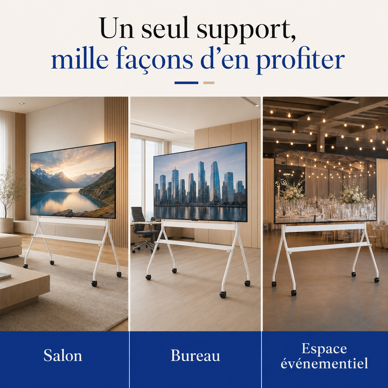 Usages du support TV Move XXL au salon au bureau et en événement