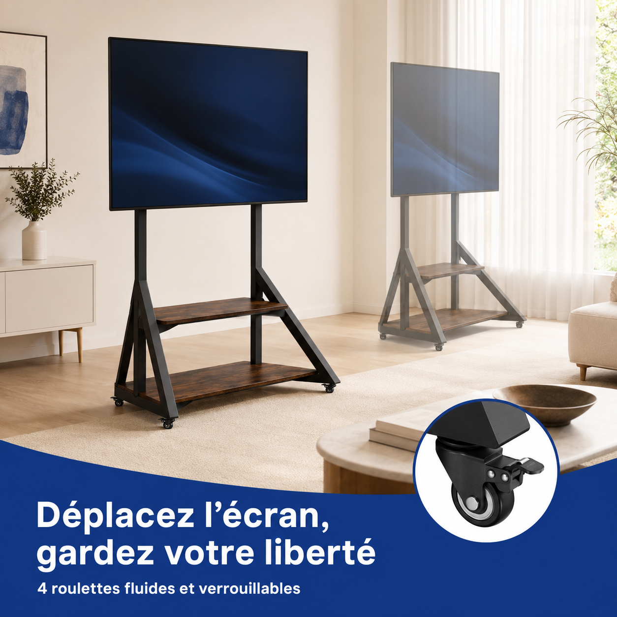 Support TV Loft mobile sur roulettes verrouillables
