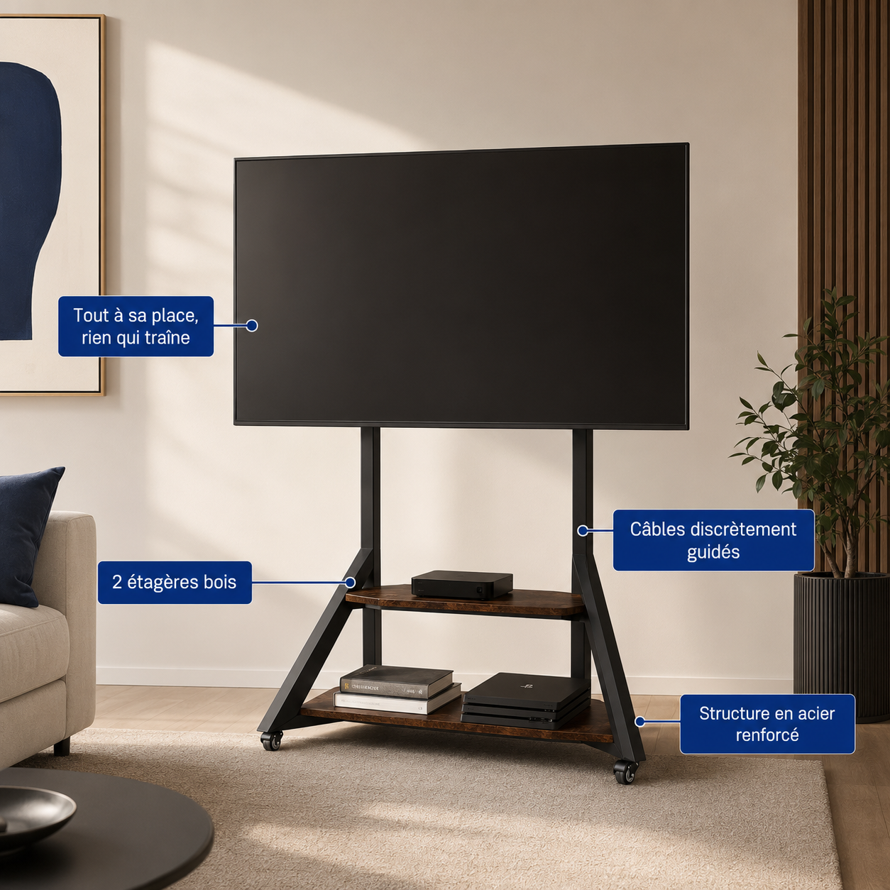 Rangements et guidage des câbles du support TV Loft