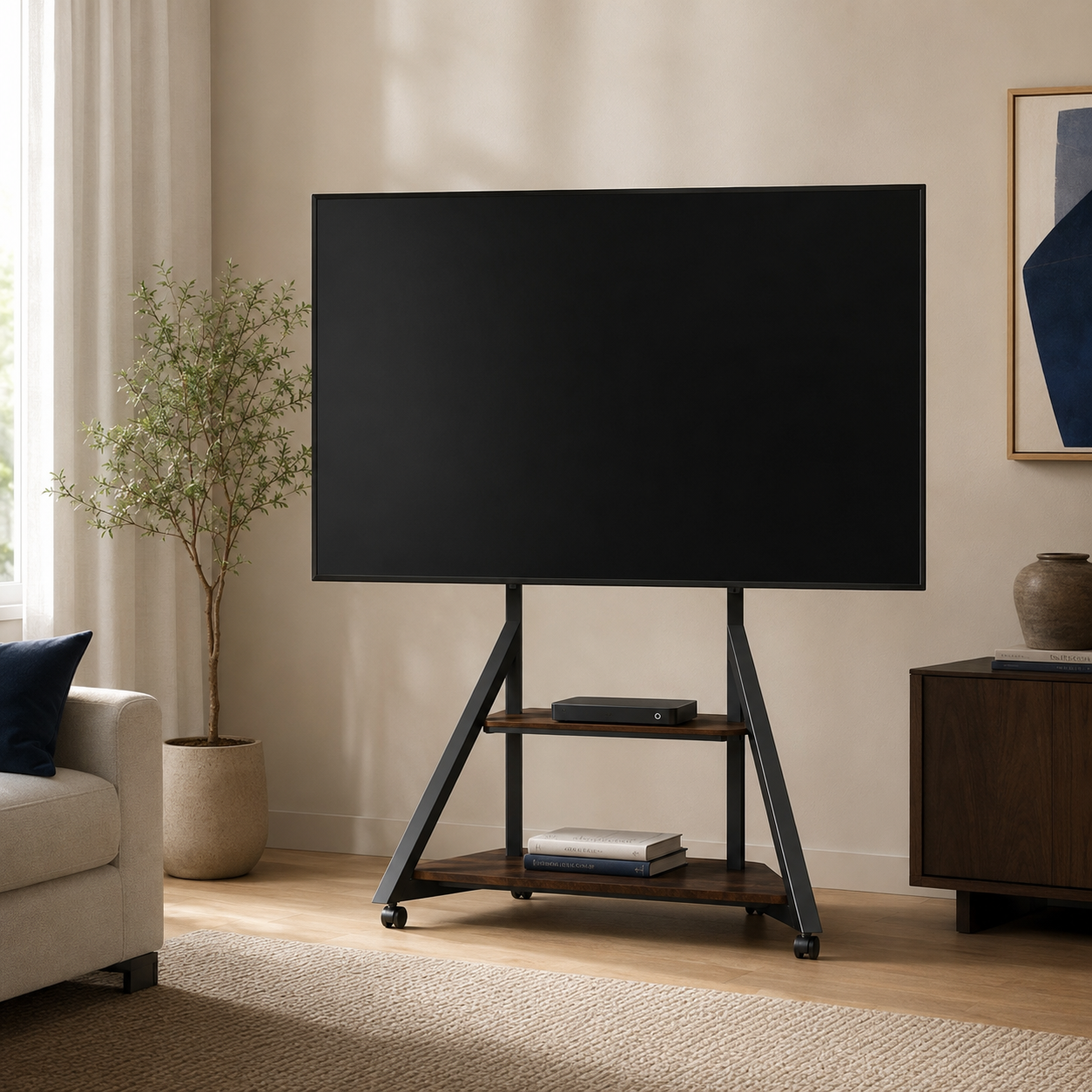 Support TV Loft dans un salon lumineux