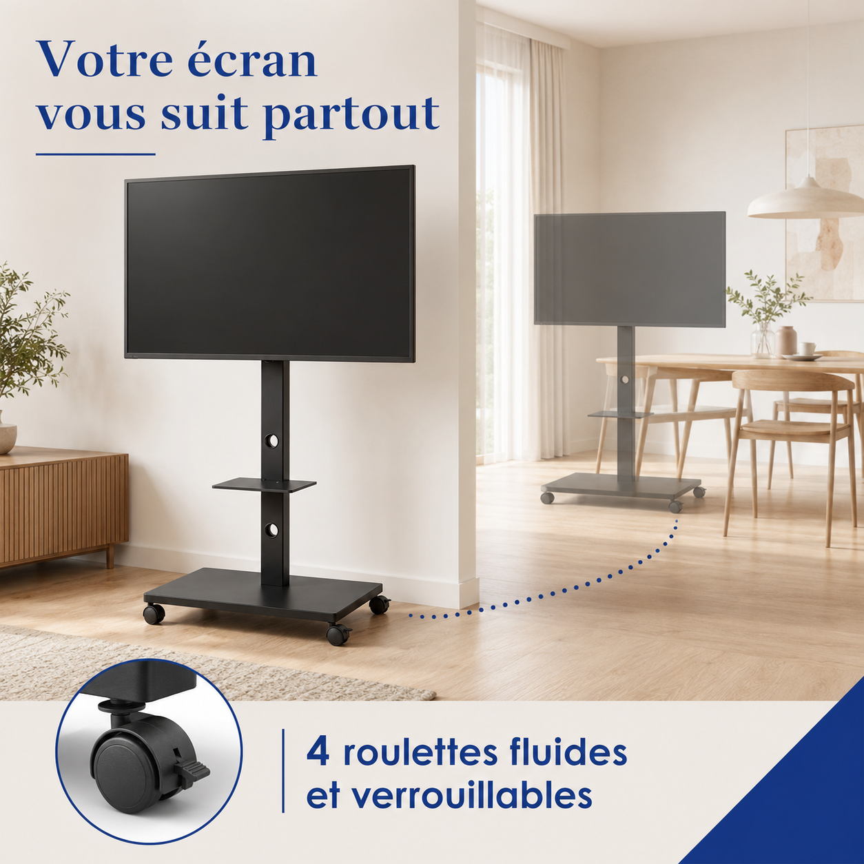 Support TV Move Tilt mobile dans deux espaces