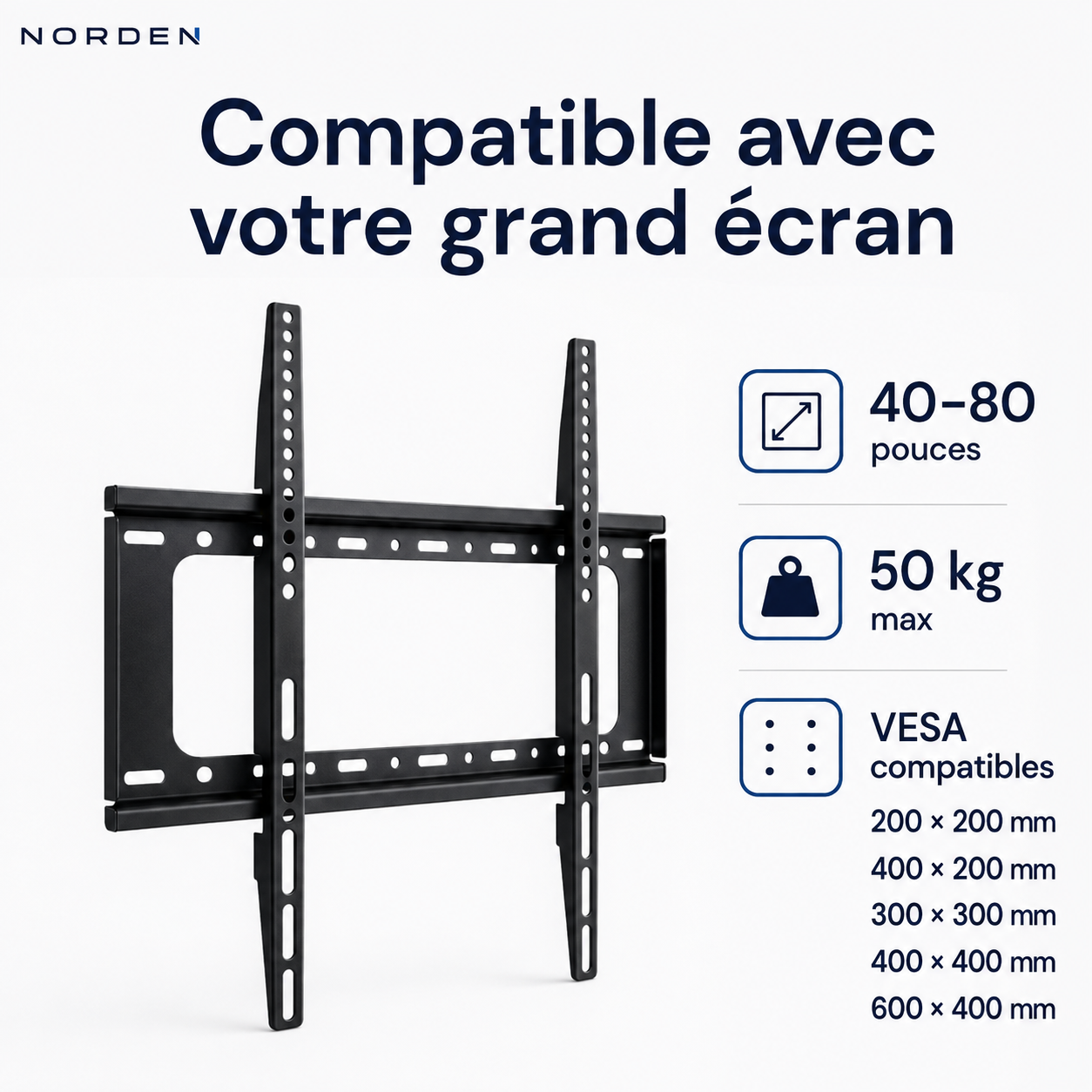 Compatibilité du support mural TV fixe Slim 80 : 40–80 pouces, 50 kg et cinq formats VESA