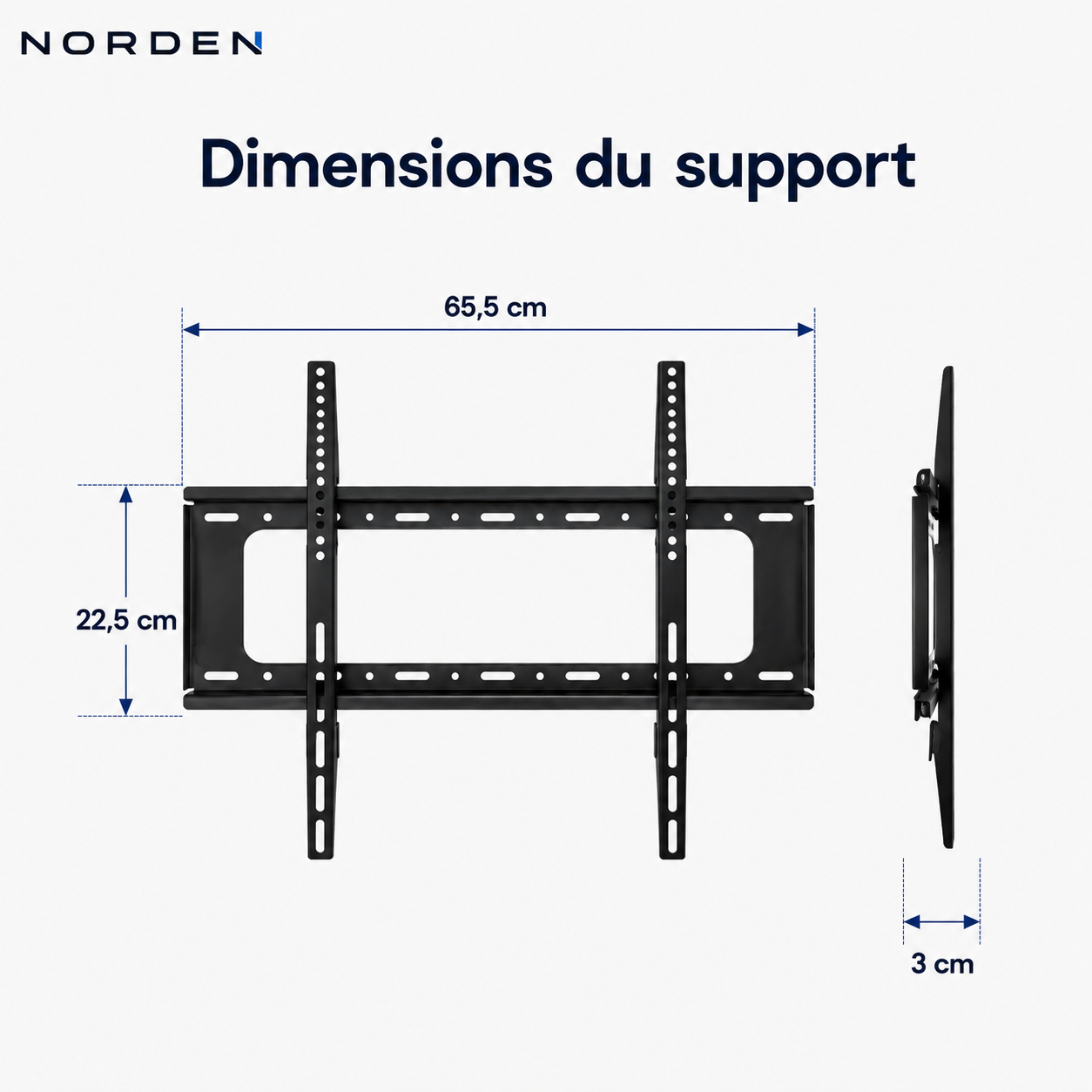 Dimensions du support mural TV fixe Slim 80 : 65,5 × 22,5 × 3 cm