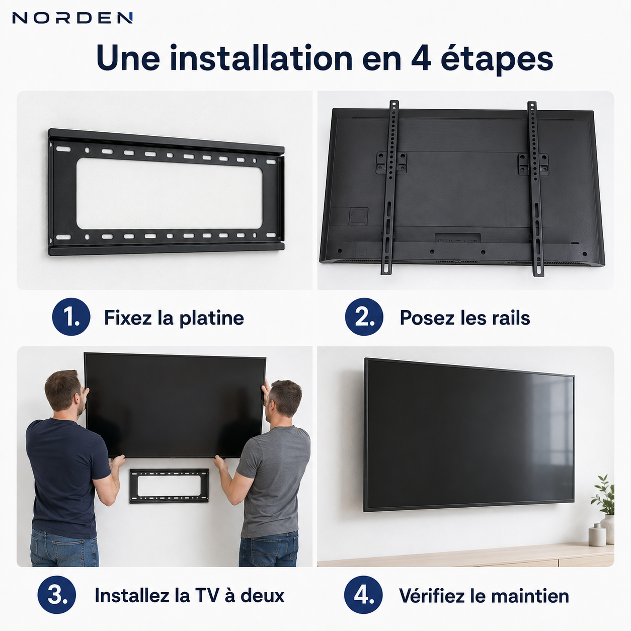 Illustration des quatre étapes de montage du support mural TV fixe Slim 80