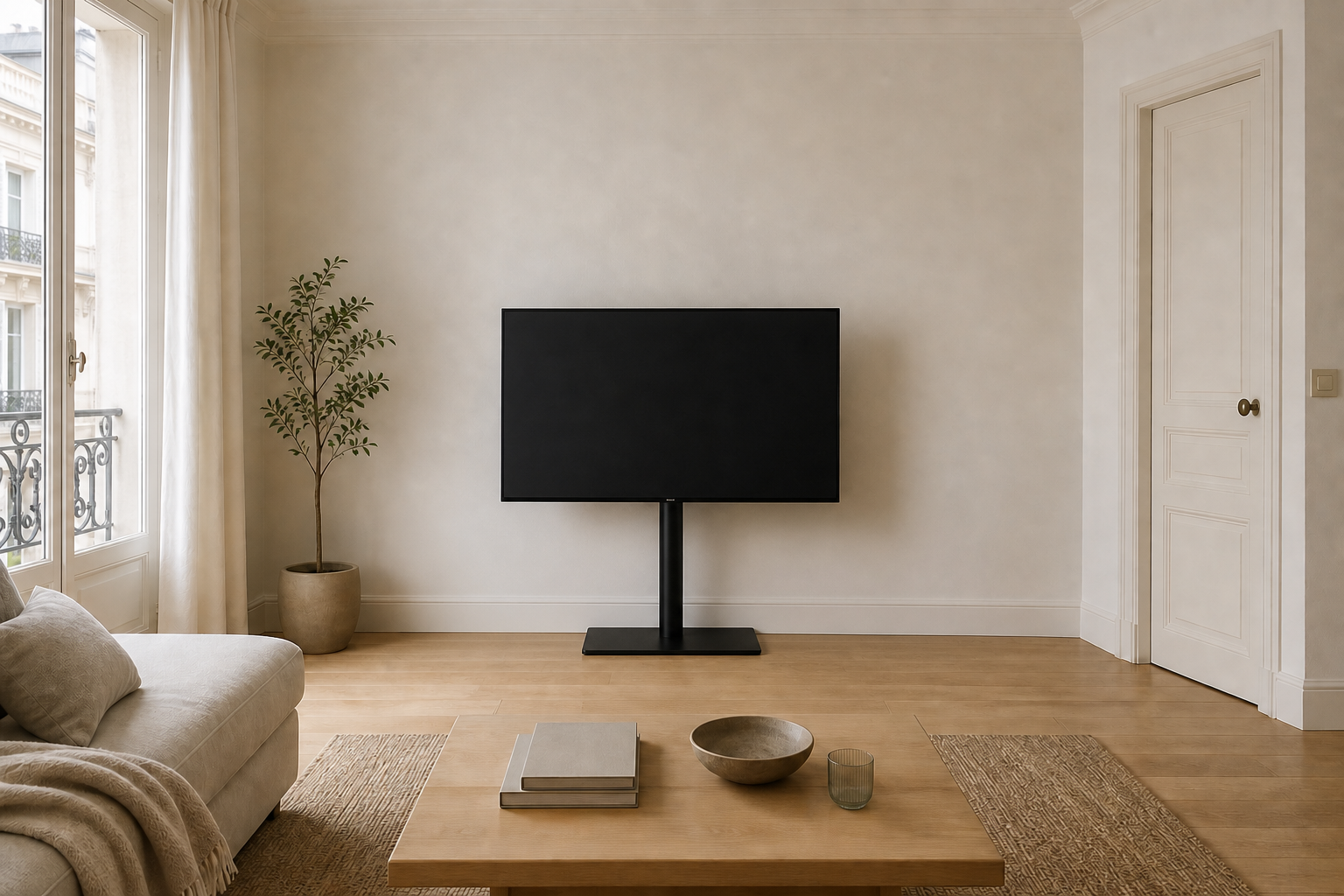 Le même salon avec téléviseur installé sur un support TV sur pied