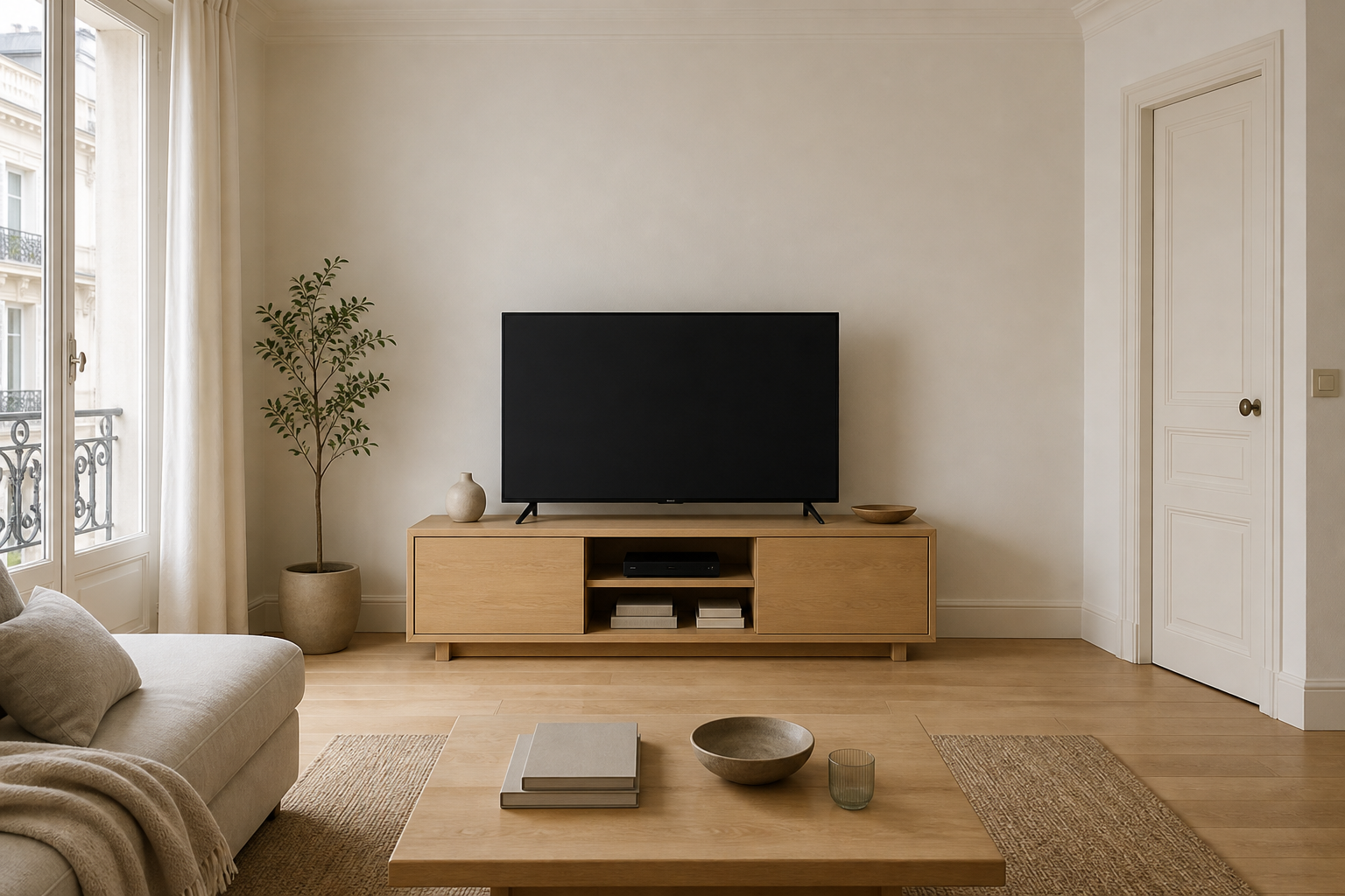 Salon avec téléviseur posé sur un meuble avant l’installation d’un support TV sur pied